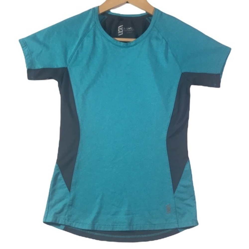 Second Skin Blue & Gray Striped Short Sleeve‎ Training Top